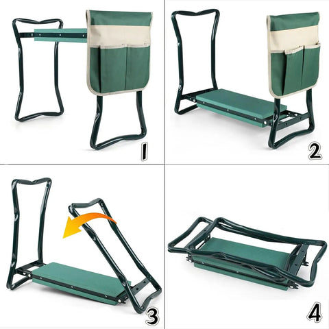 Garden Kneeler And Seat Two In One Foldable Bench Stool With Tool Bag Pouch EVA Foam Pad in various folding positions