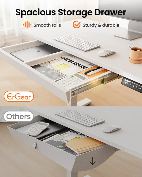 Open drawer of Electric Standing Desk With Drawers 48 By 24 Inch Height Adjustable Table With Four Presets, showing smooth slides.