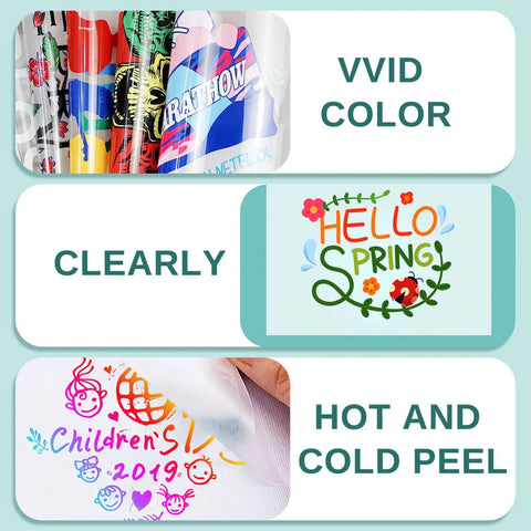 Transfer Film Roll For DTF Heat Transfers 13x328ft Double Sided Glossy Clear PET showcasing vibrant prints and peel options