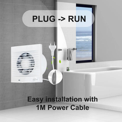 Powerful 4 Inch Wall Mount Exhaust Fan For Bathrooms And More with 1M power cable shown next to bathtub installation