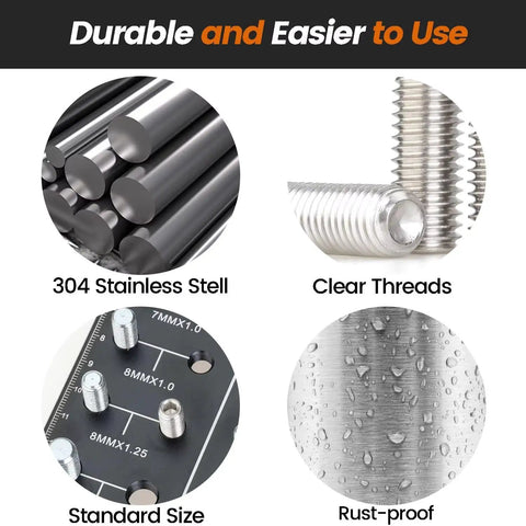 Top Shelf M12x10mm 304 Stainless Steel Grub Screws Pack Of Ten Featuring Flat Concave Ends Internal Hex Drive And Comes With Allen Wrench For Rock Solid Home Repairs And Bathroom Fixtures, showing durable materials and clear threads.