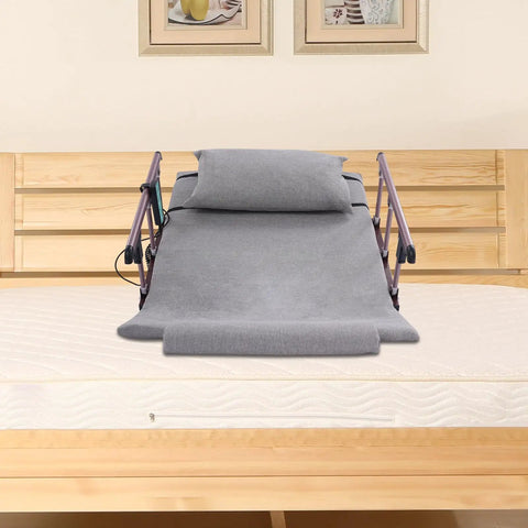 Upgrade Your Sleep Game With This Electric Power Lifting Bed Back Rest at 45 degrees on a mattress, gray fabric, foldable guardrails.