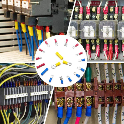 Qibaok insulated copper wire terminals kit with ring, butt, spade, fork connectors in red, blue, yellow - front view.