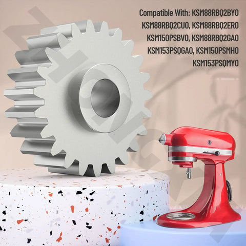 Upgraded Mixer Worm Gear Replacement Kit displayed next to red stand mixer, no plastic gear, all-metal, WPW10112253 compatible