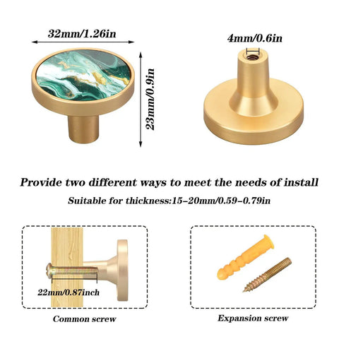 Four Piece Round Drawer Knobs And Cabinet Hardware Featuring Green And Gold Swirl Marbled Finish With Included Mounting Screws For Kitchen Cupboards And Dressers No Hassle Install Sweet Style Upgrade - 32mm wide, installation options.