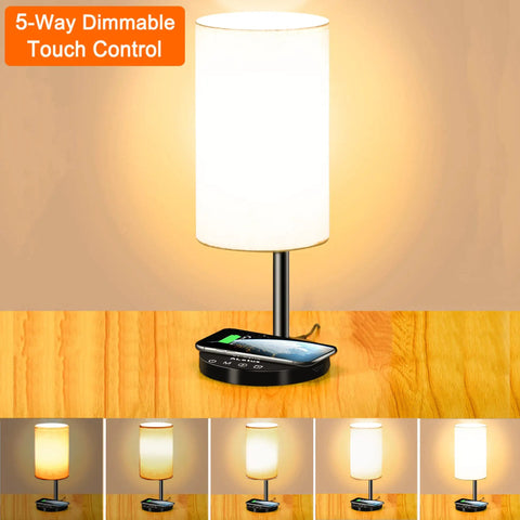 Multifunctional Table Lamp With 10W Fast Wireless Charger, USB Port, touch control, dimmable lighting modes, light on table.