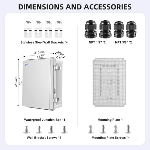 Heavy Duty Waterproof Outdoor Junction Box IP67 Rated Weatherproof ABS Plastic Electrical Enclosure with wall brackets and mounting kit.