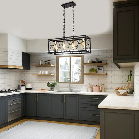 Industrial Kitchen Island Pendant Light Fixture With Black Metal Cage And Brass Gold Accents, above modern kitchen island