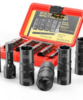 Beefy Thin Wall Lug Nut Impact Socket Set Eight Sizes 17mm 19mm 21mm 22mm And Three Quarter Inch Seven Eighths Inch Thirteen Sixteenths Inch Fifteen Sixteenths Inch Dual End Flip Sockets Half Inch Drive CRMO Tool For Cars And Light Trucks in red case, various sizes visible.