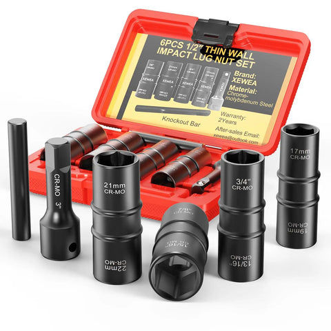 Beefy Thin Wall Lug Nut Impact Socket Set Eight Sizes 17mm 19mm 21mm 22mm And Three Quarter Inch Seven Eighths Inch Thirteen Sixteenths Inch Fifteen Sixteenths Inch Dual End Flip Sockets Half Inch Drive CRMO Tool For Cars And Light Trucks in red case, various sizes visible.