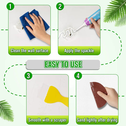 Instruction steps for using the All-In-One Drywall Repair Kit 12-Piece Set With Spackle Paste, Wall Putty, Putty Knife And Sanding Pads