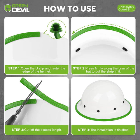 Installation steps for Full Brim Guard For Hard Hats, Rubber Protective Strip With Internal Metal Clip Reinforcement.