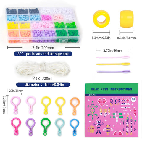 Bead Pets Kit For Kids And Kid Friendly DIY Jewelry And Keychain Craft With 800 Plus Colorful Pony Beads 65 Feet Cord 10 Animal Patterns And Beginner Friendly Instructions Includes Needles And Storage Box with colorful beads, cord, needles, and instructions.