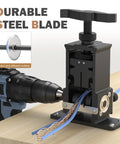 Professional Adjustable Wire Stripper Machine Featuring Zero Hassle Setup And Direct Drill Mount For Super Fast Cable Peeling, showing durable steel blade in use.