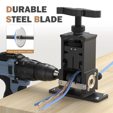 Professional Adjustable Wire Stripper Machine Featuring Zero Hassle Setup And Direct Drill Mount For Super Fast Cable Peeling, showing durable steel blade in use.