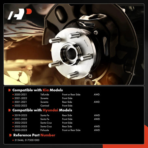 Wheel Bearing And Hub Assembly 5 Lug Front Or Rear Fit For Kia Sorento Telluride Carnival Palisade Santa Fe Santa Cruz And Hyundai Models 2019 2023 OEM Grade Replacement displayed with vehicle compatibility list.