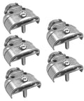 Heavy Duty Metal Conduit Connectors 5 Pack Double Outlet Wire Harness Clamps 3/8 Inch Cables on a white background.