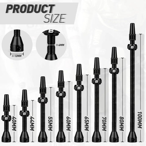 Ultra Lightweight Tubeless Presta Valve Stem Kit For Bikes With 40/44/55/60/65/80/100mm Lengths, Anodized Aluminum, Size Chart