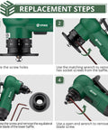EYPINS mini pneumatic chamfering tool, green body; 16-blade set, four-step replacement guide (YPINS logo visible).