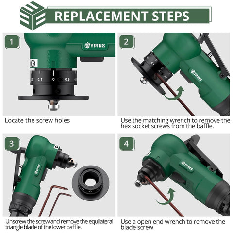 EYPINS mini pneumatic chamfering tool, green body; 16-blade set, four-step replacement guide (YPINS logo visible).