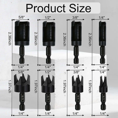Plug cutter drill bit set; four black wood bits with 1/4 in hex shanks, diameters 5/8 in, 1/2 in, 3/8 in, 1/4 in