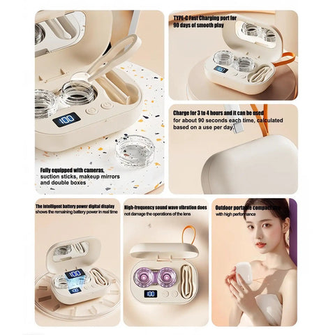 Ultrasonic Contact Lens Cleaner Machine For Home And On The Go with silicone chamber and digital display, shows accessories.