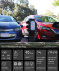 Dual 32 Amp Level 2 EV Charger with 240V 7.7 KW Output, NEMA 14 50 Plug installed between two electric cars outdoors