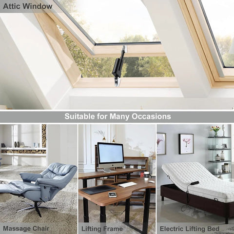 Justech 12V heavy-duty linear actuator installed on attic window opener; collage shows massage chair, lifting desk frame, and electric lifting bed.