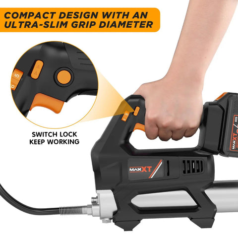 Close-up of Cordless Heavy Equipment Grease Gun With 20000 PSI Output 20V Power and compact design in use