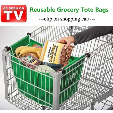 Two Pack Reusable Shopping Cart Trolley Bags Clip On Collapsible Grocery Tote Bags filled with groceries in a shopping cart.