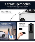 Top Shelf Smart EV Charger Wall Box With Bluetooth And Wifi App Tracking Rfid Card Swipe Type Two Plug showing startup modes of plug, WiFi and swipe card.