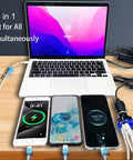 Heavy Duty Plug And Go Usb Car Charger With Live Voltage Tracker And Pd 30W Quick Charge multiport adapter charging three devices.