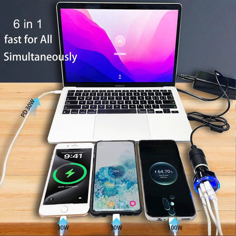 Heavy Duty Plug And Go Usb Car Charger With Live Voltage Tracker And Pd 30W Quick Charge multiport adapter charging three devices.