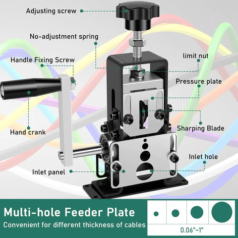 Slick Two Way Copper Wire Stripping Machine Using Manual Hand Crank Or Drill Power, showcasing adjusting screw and hand crank details.