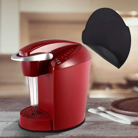 Slick Slide Mat For Keurig K Classic Coffee Maker Slider Pad Mover Extender Tray beside a red coffee maker on wood countertop.