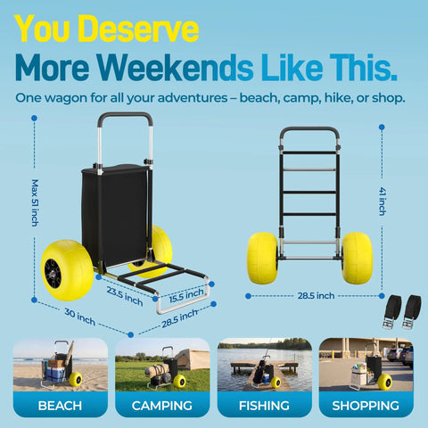 Heavy Duty Beach Wagon With 13 Inch Solid TPU Wheels, 352 Lb Capacity, Foldable Aluminum Wagon Dolly, Yellow, front and side view