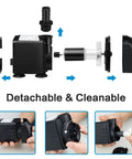 Exploded view of Ultra Quiet Submersible Water Pump 300GPH 1100L/H 21W with 5.9Ft power cord and detachable components.