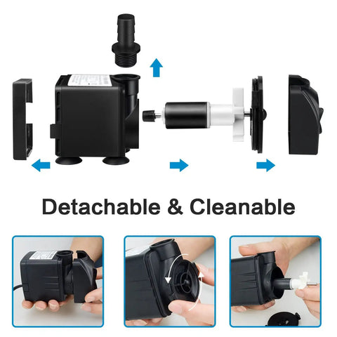 Exploded view of Ultra Quiet Submersible Water Pump 300GPH 1100L/H 21W with 5.9Ft power cord and detachable components.