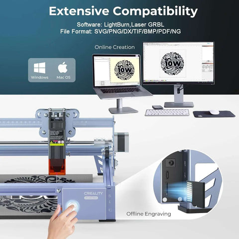Creality Falcon 10W laser engraver on blue frame with 15.7×16.3in workspace; desktop computer setup in background.
