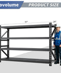 Extra Large Heavy Duty Metal Storage Shelves Built Like A Tank Adjustable Four Tier Garage Rack with size details next to a man.