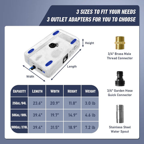 50 Gallon Collapsible Water Storage Bladder With Spigot For Emergency Prep and connectors, size chart displayed