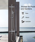 304 Stainless Outdoor Shower Kit in Brushed Nickel installed on patio with view of ocean, includes high pressure rain head and handheld spray.