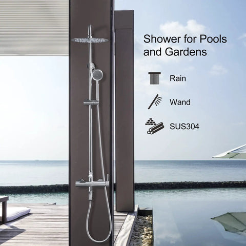 304 Stainless Outdoor Shower Kit in Brushed Nickel installed on patio with view of ocean, includes high pressure rain head and handheld spray.