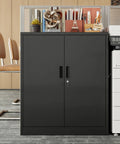 Heavy Duty 36 Inch Black Metal Storage Cabinet With Locking Doors, 2 Adjustable Shelves, placed in an office setting