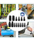 Top Shelf 15 Piece Air Hose Fitting Kit With Quick Connectors And Pneumatic Couplers For Compressor Tools Plus Black Steel Adapters And Tape For Heavy Duty Jobs, black steel air fittings with couplers and tape