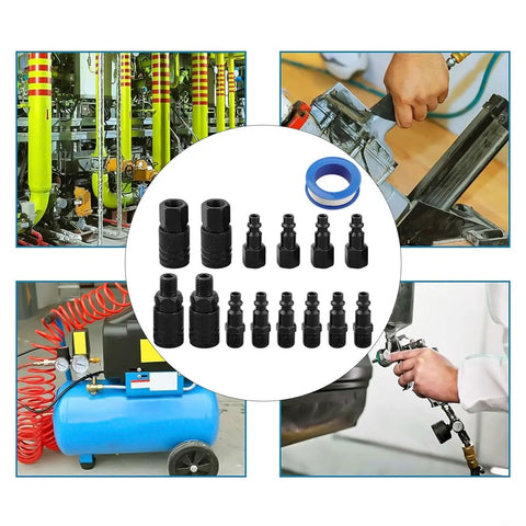 Top Shelf 15 Piece Air Hose Fitting Kit With Quick Connectors And Pneumatic Couplers For Compressor Tools Plus Black Steel Adapters And Tape For Heavy Duty Jobs, black steel air fittings with couplers and tape