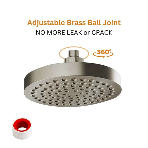 High Pressure Shower Head Six Inch For Homes With Low Water Pressure Easy Install Leakproof Fixed Shower Head With Angle Adjustable Swivel Ball Brushed Nickel No More Weak Sprays Hard Water Resistant And Easy To Clean, featuring adjustable brass ball joint for 360-degree rotation.