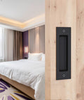 Sliding Barn Door Finger Pull Black, 6 Inch Solid Steel Flat Bottom Handle with Self Tapping Screws installed on wooden door