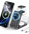 3 In 1 Magnetic Wireless Charging Station For iPhone Apple Watch And AirPods MagSafe Compatible Foldable Desk Stand Fast Charge Dock With Magnetic Alignment And Qi Wireless Power Hub Go To Accessory silver grey with iPhone and Apple Watch charging