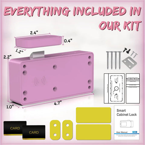 Zero Hassle Smart Cabinet Locks For Baby Proofing Featuring Concealed Install And Drill Free Setup RFID NFC Bluetooth Keyless Drawer Fastener Keeps Kiddos Locked Tight Straight Up Pink kit with lock, cards, and screws.